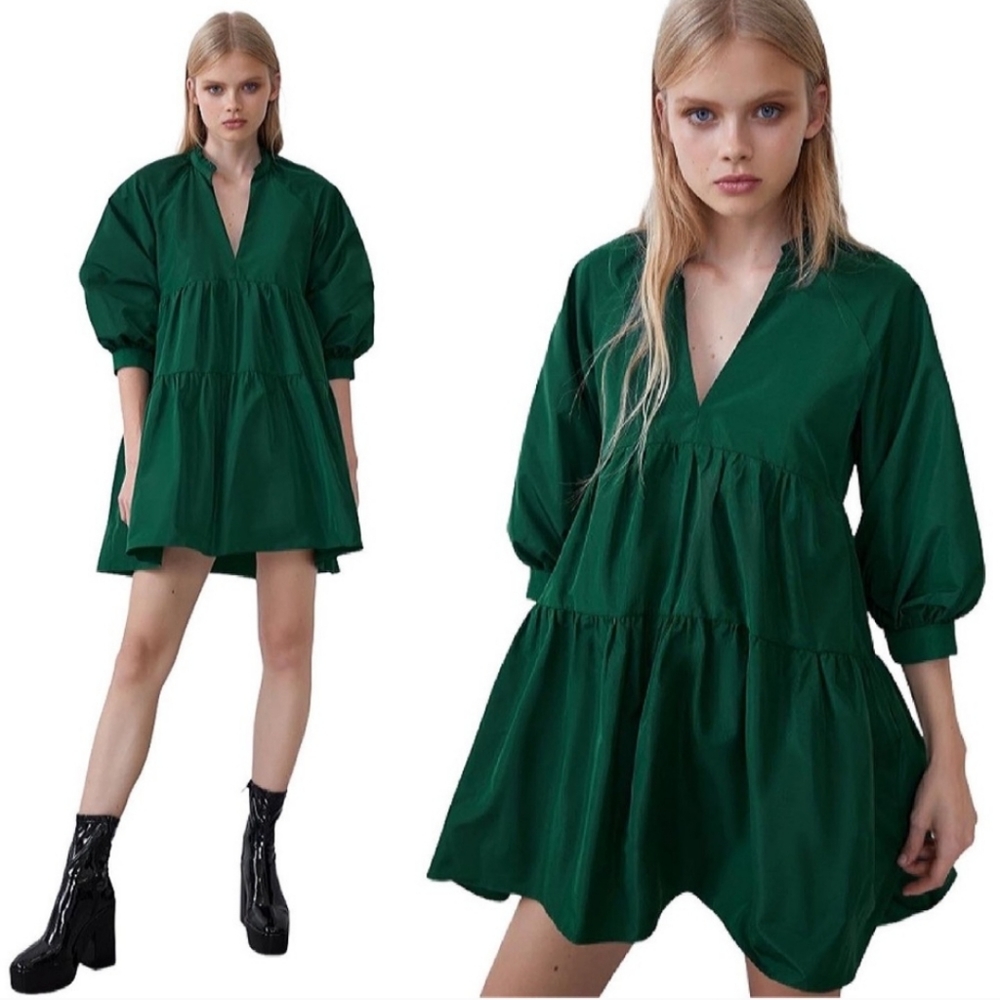 Zara Voluminous Taffeta Green Tiered Min Dress Bloggers Favorite Balloon Sleeve - Picture 15 of 16